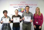 Catholic Charities Recognizes Mentors Representatives from schools participating in Catholic Charities of Oswego County’s CYO Mentoring Program were recently recognized at a luncheon. From left are: Carolyn Maloney, home school liaison for Mexico; Courtney Spencer, home school liaison for Volney Elementary; Vince Markowsky, home school Liaison for Fairgrieve Elementary; and Stacie Roberts, program coordinator.
