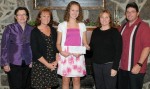 PJC Announces Scholarship Winner The Professional Journalists and Communicators of Oswego County recently presented Christina Dehm with the Muriel Allerton Scholarship Award at a dinner in her honor. From left are: PJC President Michele Reed of SUNY Oswego; Carolyn Dehm; Christina Dehm; scholarship committee chairperson, Kelly Jordal; and PJC vice president, John DeRousie of Custom Marketing Solutions.
