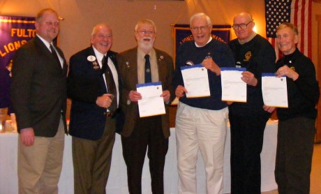 Doug Russell (second from left) district governor for District 20-Y-1, Lions Clubs International, presented awards from Lions International President Wayne A. Madden to several Fulton Lions at their Jan. 24 meeting. Joining the governor, from left, are David Dingman, Fulton Lions president; Russell; Robert Weston and Howard Slade, each recognized for 30 years of membership; Jesse Yardley, recognized for 35 years of membership; and Charles McIntyre, recognized for 10 years of membership. For more information on the Fulton Lions Club, visit www.fultonlions.org, or visit the Fulton Lions Club page on Facebook®.