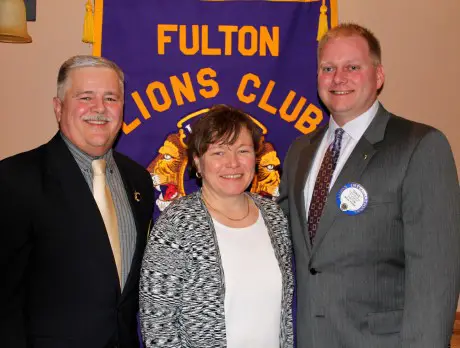 Roberta “Bertie” Boteler was inducted as a member of the Fulton Lions Club at their April 11 meeting. Past President Len Kellogg (far left) sponsored Boteler and Past President Leo Chirello conducted the induction ceremony. President David Dingman joins them.