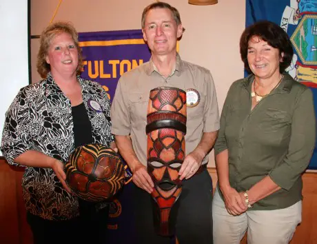 Fulton Lions Past President Frank Badagnani and his wife, Fran, visited the Oct. 16 club meeting to share photos and stories about their recent adventure at Makutsi Safari Springs Game Reserve in South Africa. Pictured from left, holding African mementos, are Lions Club President Gail Holmes, Past President, Frank Badagnani and Fran Badagnani. Fulton’s Lions Club, also known for their Lions Loot Sweepstakes, Lions Mane Event Comedy Night, and annual Duck Derby, provides financial assistance for those in need of eyeglasses, eye exams, and hearing aids to residents in the Greater Fulton area. For further information on Fulton Lions, visit www. http://e-clubhouse.org/sites/fultonny/index.php.