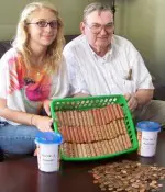 Christie Hoefer has launched Pennies 4 Pantries, a campaign to collect one million pennies to support local pantries. Pictured with Christie is her grandfather, Don (Boston Bean) Greenlay.