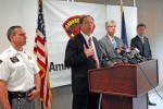 Officials of two police agencies hold a news conference to announce the resolution of a 28 year old disappearance case. From left are: Charles Cohen, Amherst Police Department, Gene Sullivan, Undersheriff, Oswego County Sheriff's Department; Enzio Villalta, Captain, Amherst Police Department; and Joe LaCorte, Det. Lt., Amherst Police Department. Photo special to Oswego County Today.com by Jim Smerecak.