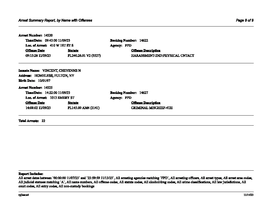 Fulton Police Department Arrest Summary Report 11/07 Thru 11/13