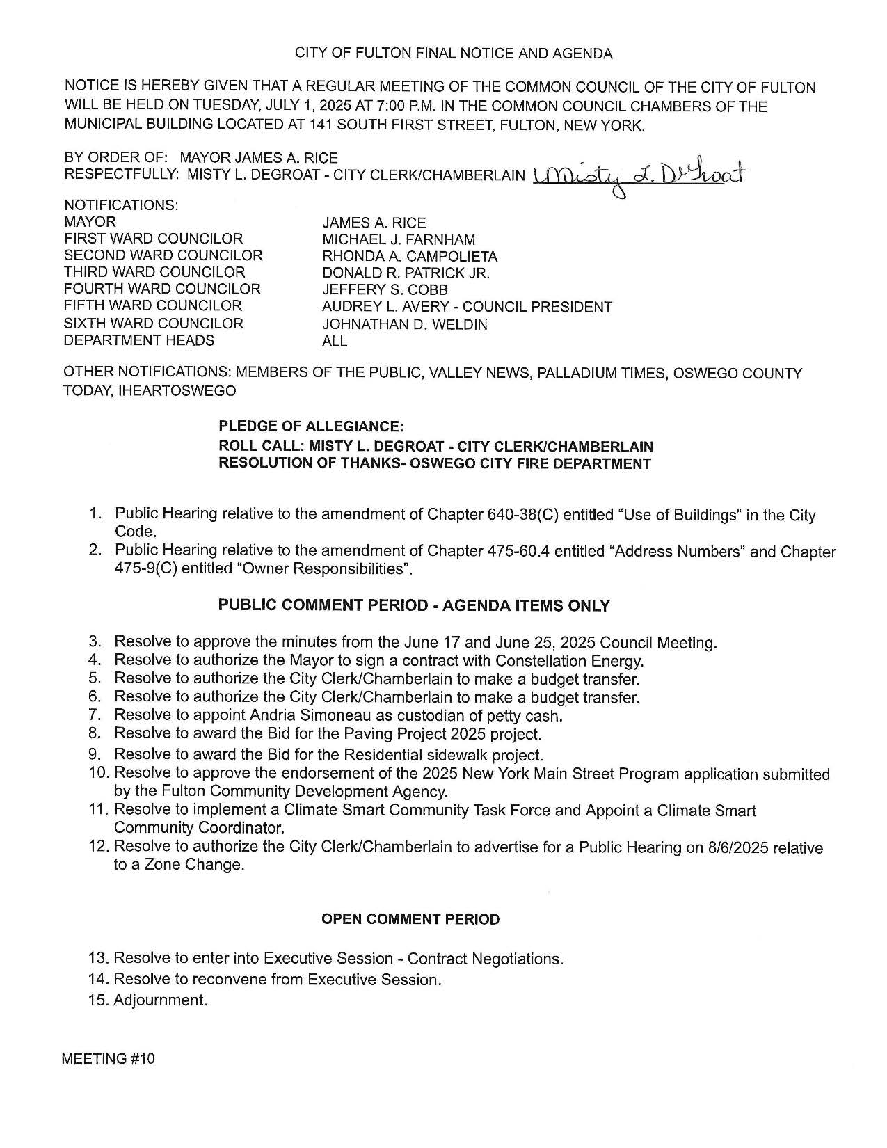 Oswego County TodayJuly 1st, 2025 Fulton City Council Meeting Agenda Only
